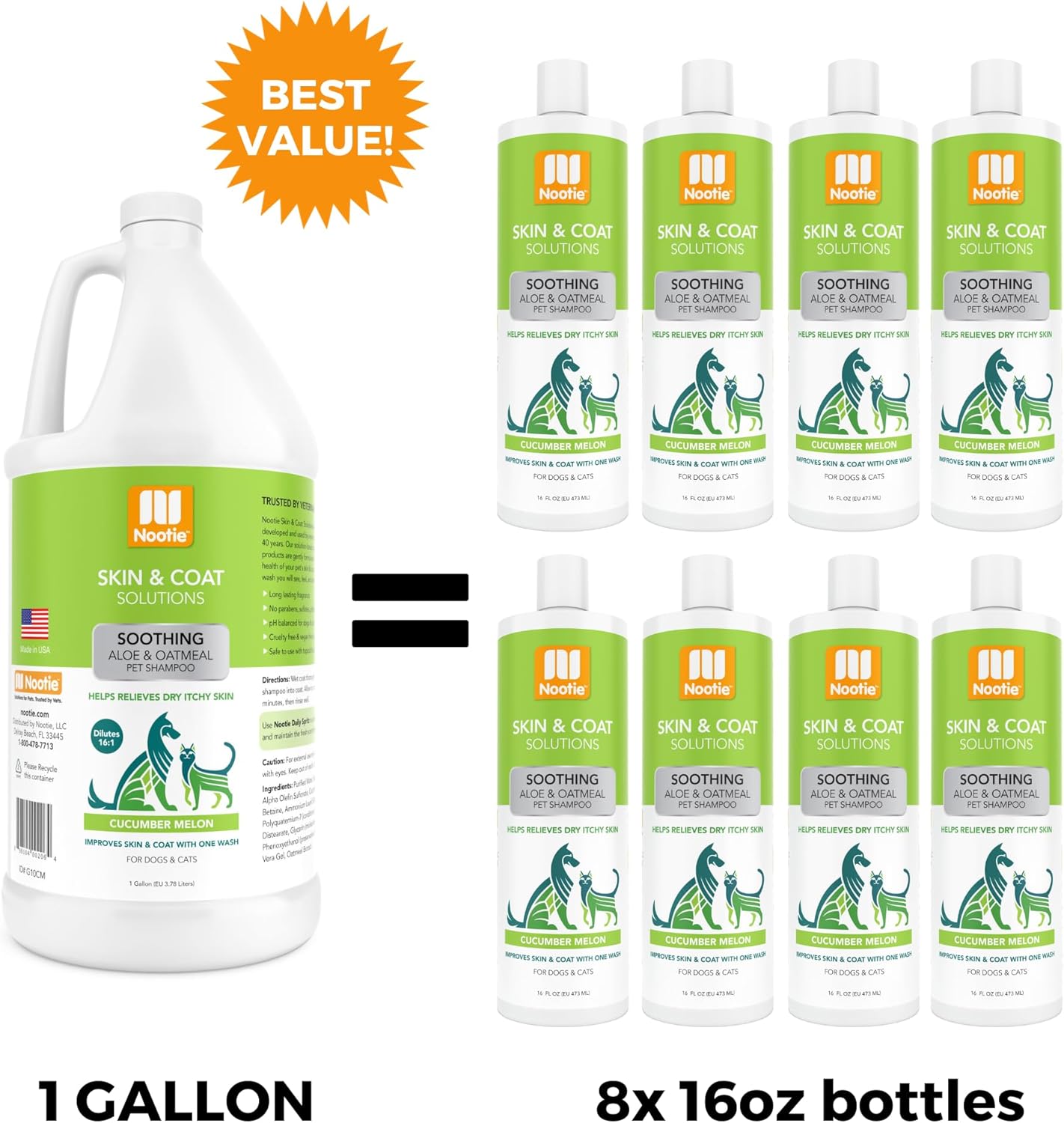 Nootie Aloe&Oatmeal Pet Shampoo for Sensitive Skin-Long lasting Cucumber Melon Shampoo-Helps Relieve Dry Itchy Skin for Dogs&Cat-Natural Ingredient-Soap Paraben&Sulfate Free-Cleans Conditions-1 Gallon