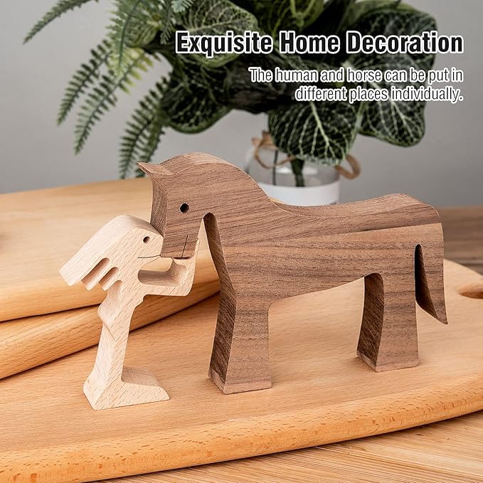 ISHINE Handmade Wooden Horse Sculptures Handmade Accents Craft Figurine for Home Decor Accents,Woman and Horse Wooden Statue,Animal Sculptures Collection,Gift for Horse Lover