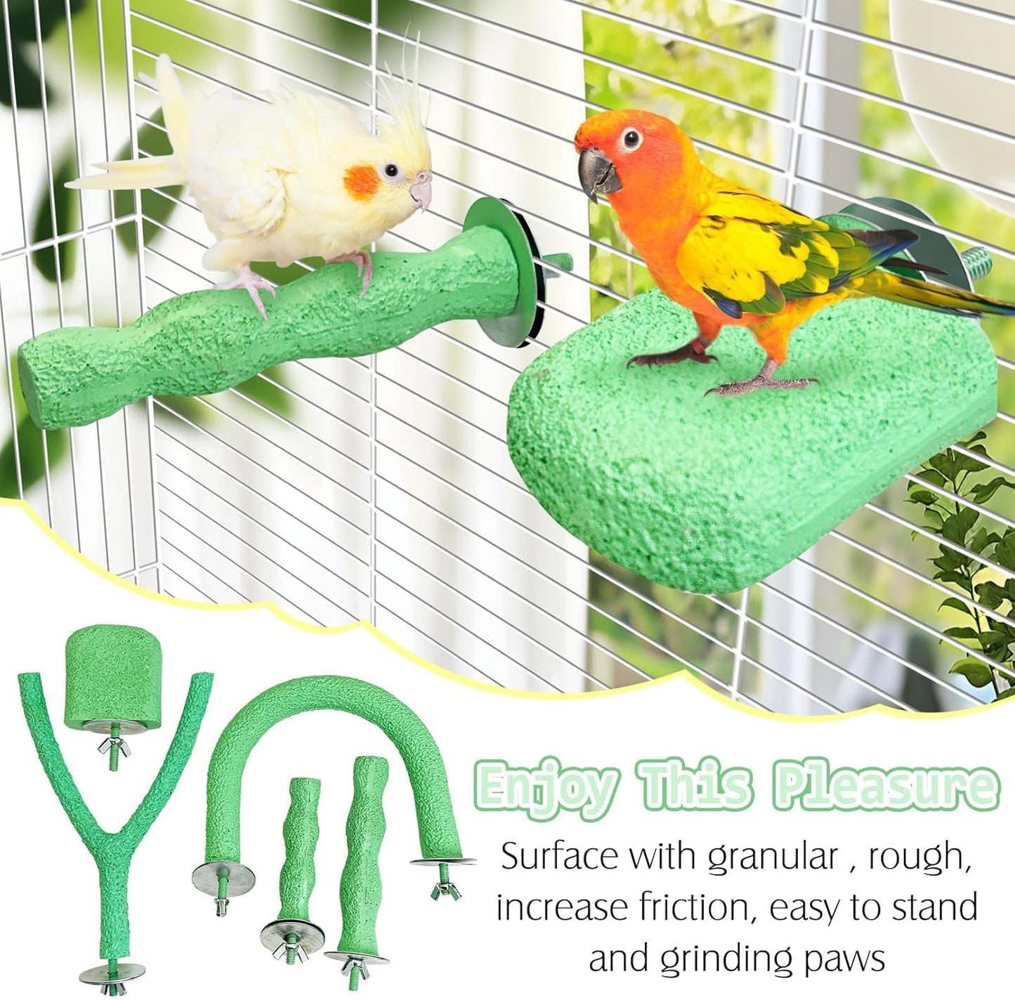 PINVNBY 5 Pack Bird Perch Resin Bird Beak Grinding Stone Parrot Cage Perch Stand Platform Foot Claws Trimmer Chew Toy Bird Cage Accessories for Budgie Cockatiel Conure Lovebird Finch (Green)