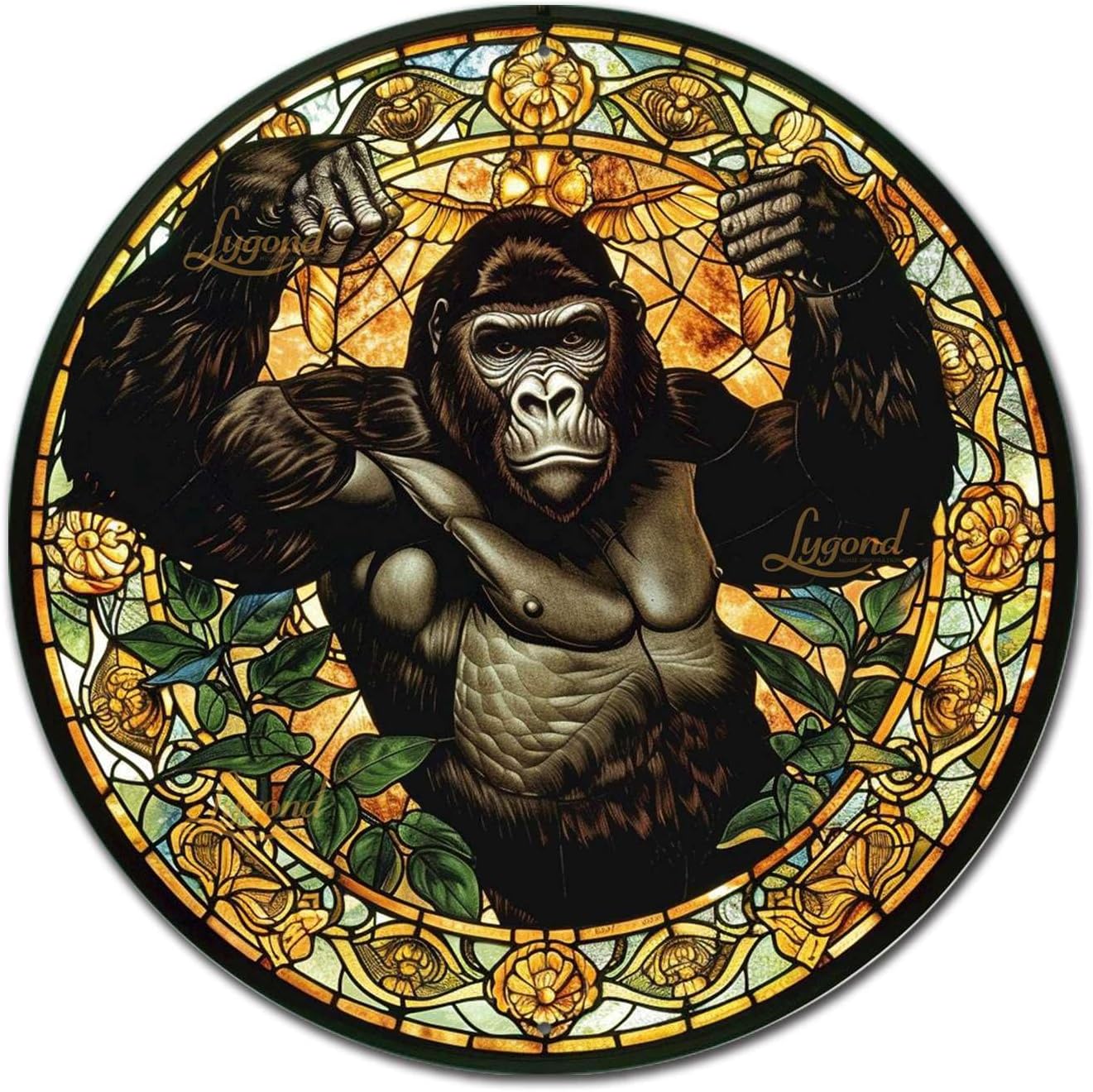 Lygond Metal Sign Tin Sign Circular Stained Glass Gorilla Sign For Garden For Pet 8×8 Inches