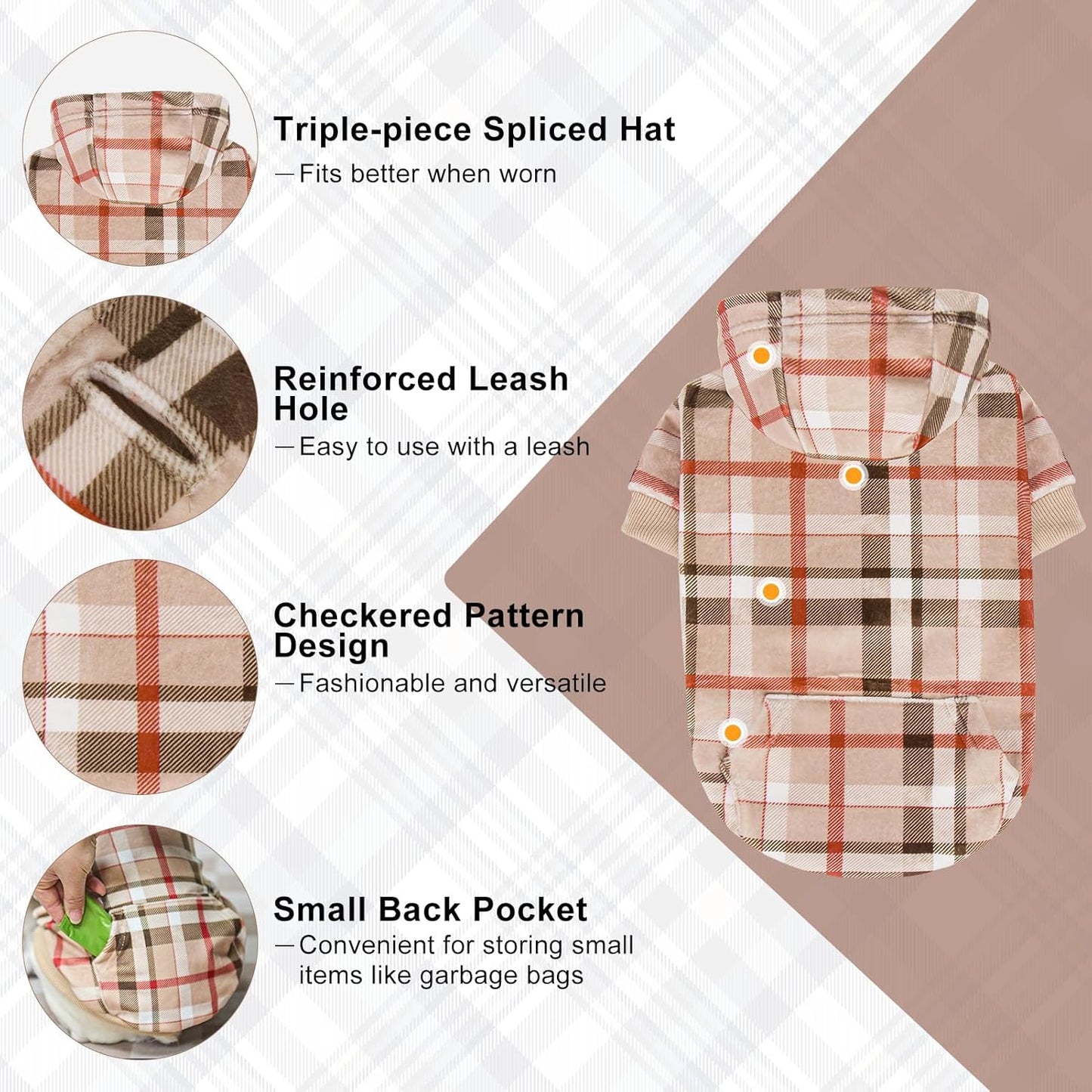 BEAUTYZOO Dog Hoodie Sweaters for Small Medium Large Size Dogs Girls Boys- Premium Quality, Ultra Soft, Superior Comfort Fit, Fleece Lined Hooded Sweatshirt- Cold Weather Pet Clothes Winter Coat,Plaid