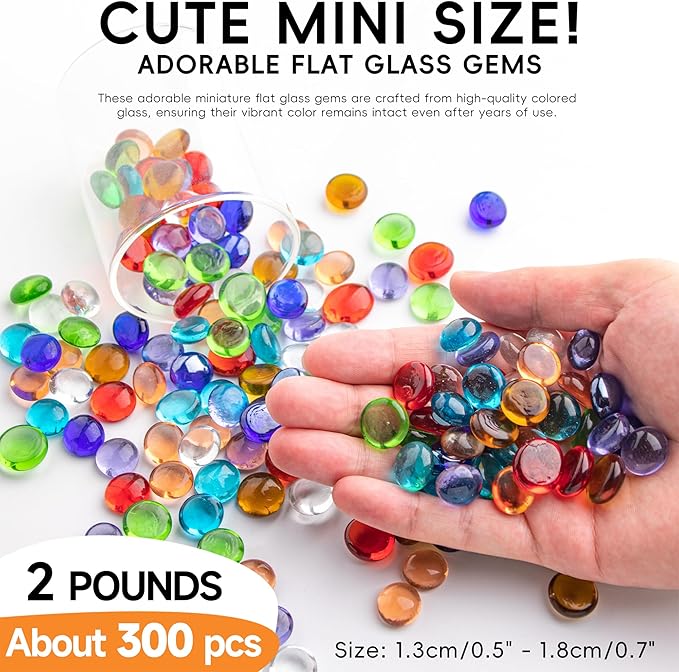 Mini Flat Glass Marbles, 2 LB Mix Color Glass Beads~300PCS for Vases, Floral Bottom Mancala Gems Pebbles Fish Tank Rocks for Table Scatter Aquarium,Vase Fillers,Home Decorative Art Craft(0.5"~0.7")