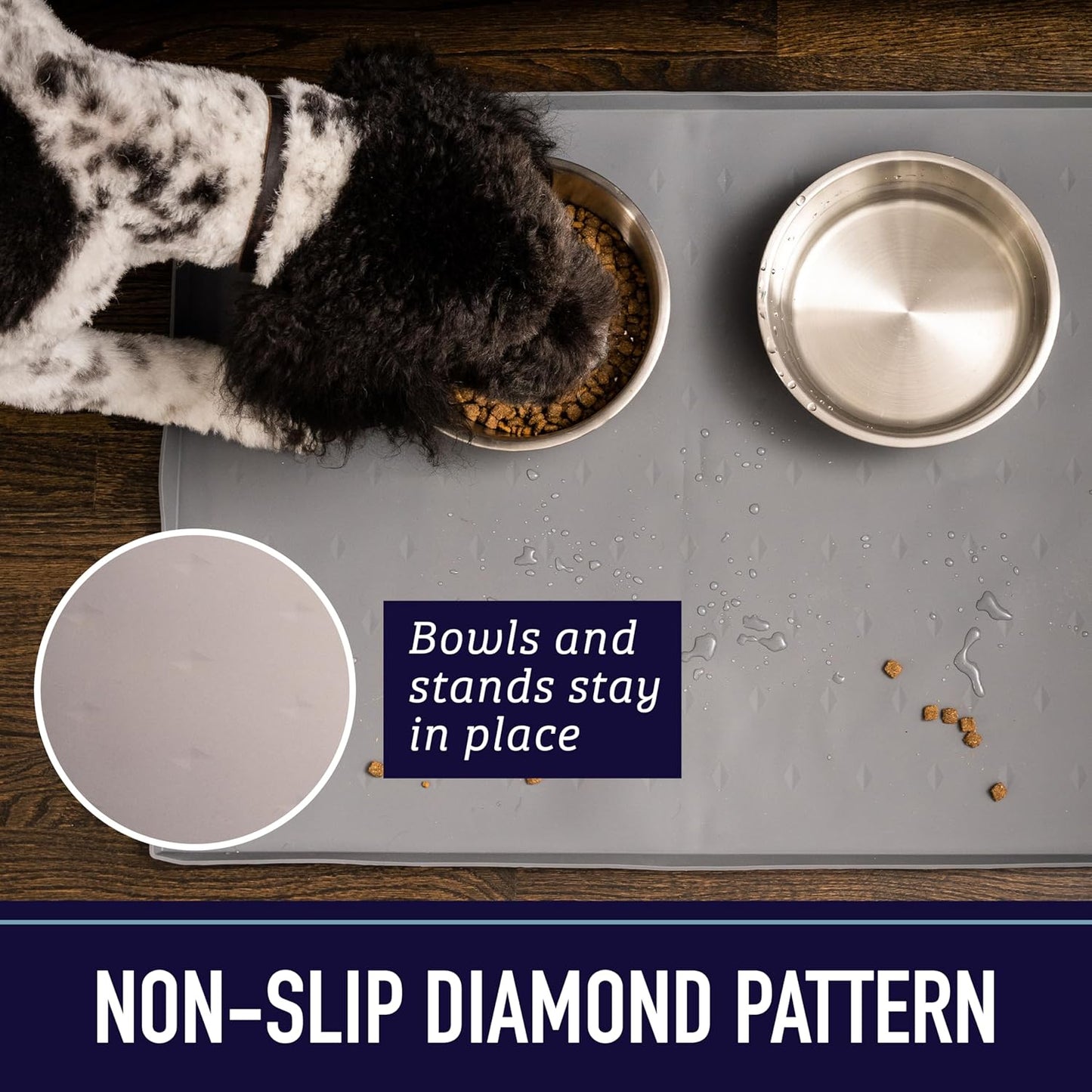 Leash Boss Cat Food Mat & Pet Feeding Tray - 30" x 22" Gray XXL - Waterproof Silicone Tray - Raised Edges Non-Slip for Dog Bowl & Dog Water Bowl