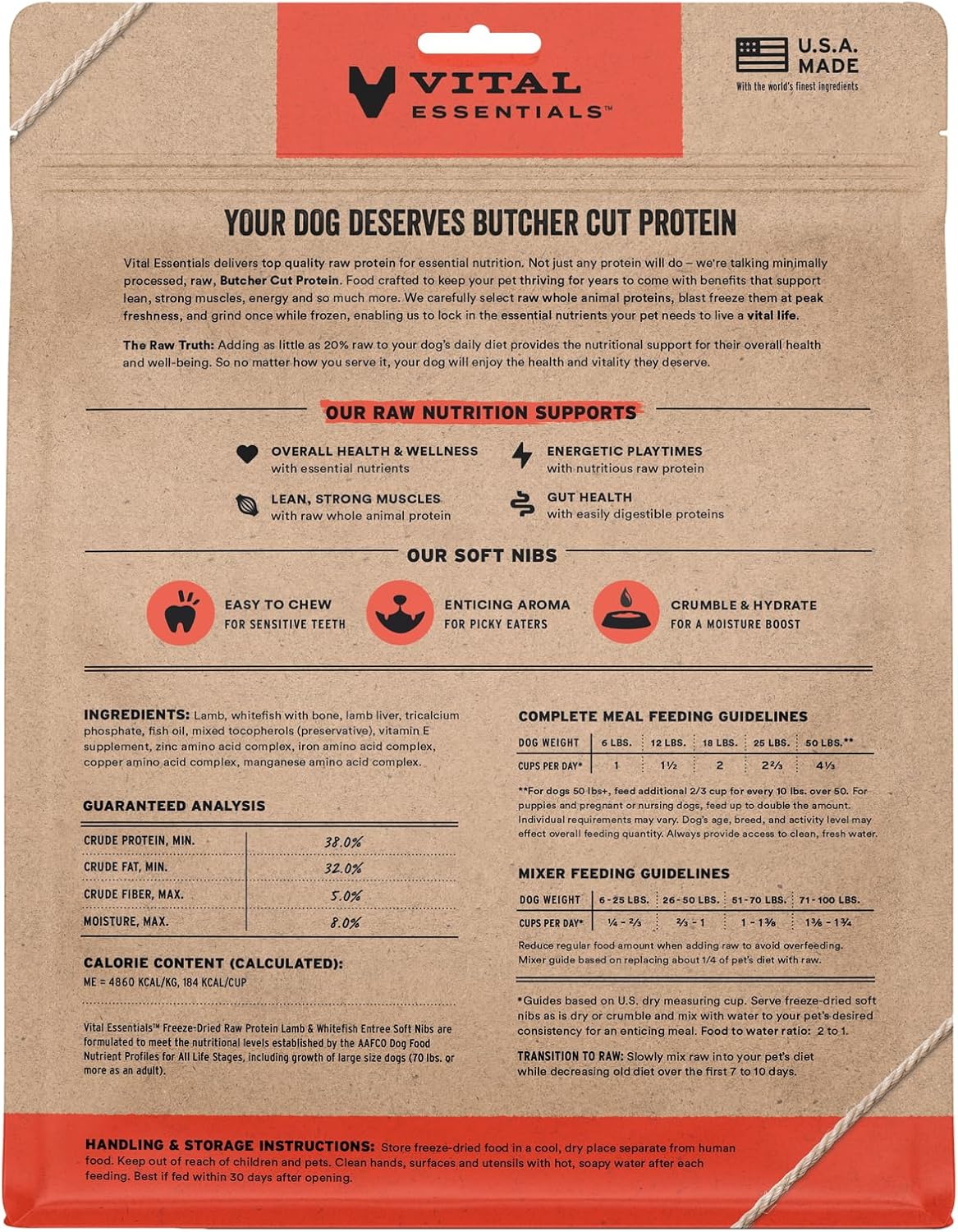 Vital Essentials Freeze-Dried Raw Lamb & Whitefish Meal or Mixer Dog Food Soft Nibs | 99% Lamb, Whitefish, Organs & Bone| 14 oz