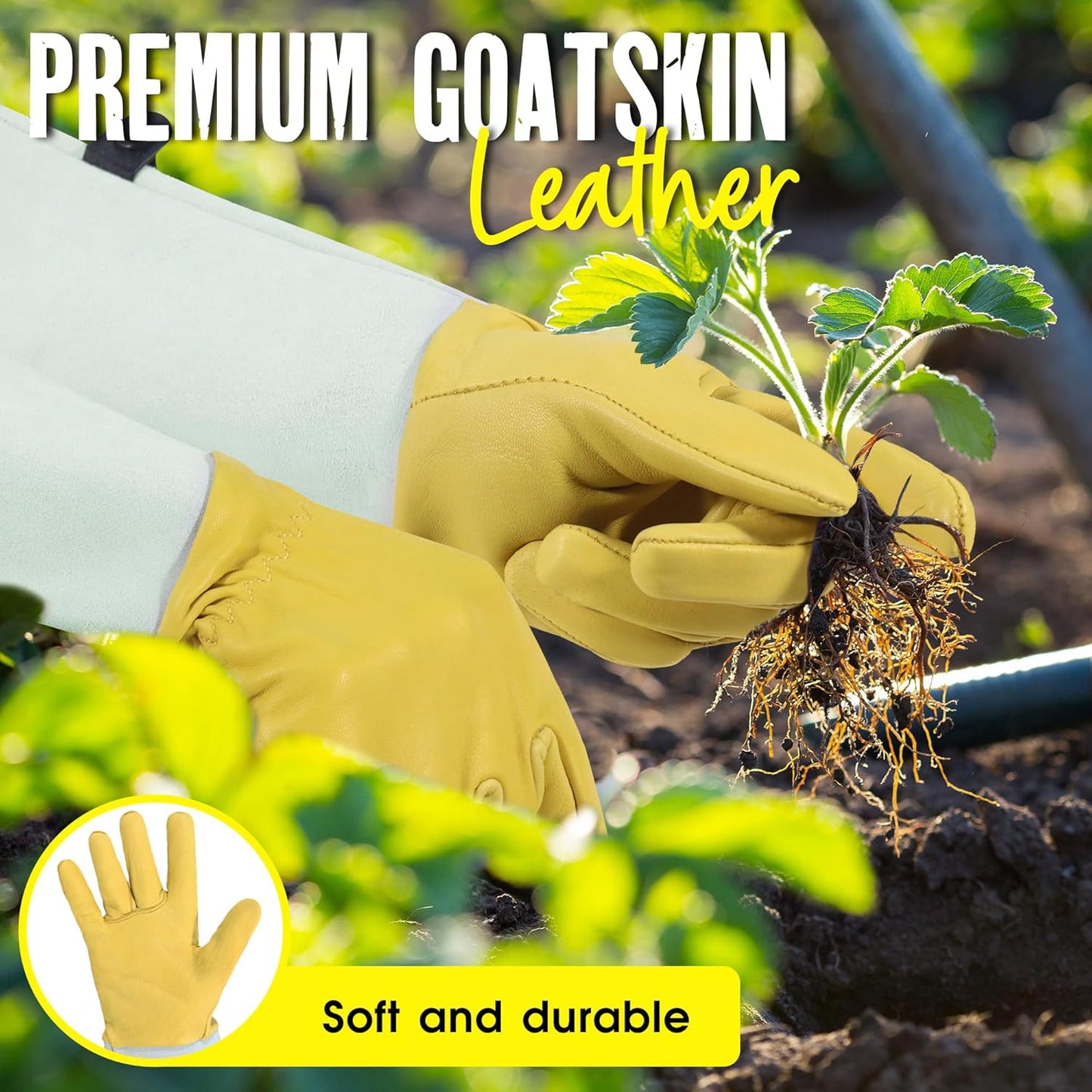 HANDLANDY Rose Gloves for Men & Women, Long Leather Gardening Gloves Thorn Proof, Best Garden Gifts & Tools for Gardener (Yellow-beige, Medium (Pack of 1))