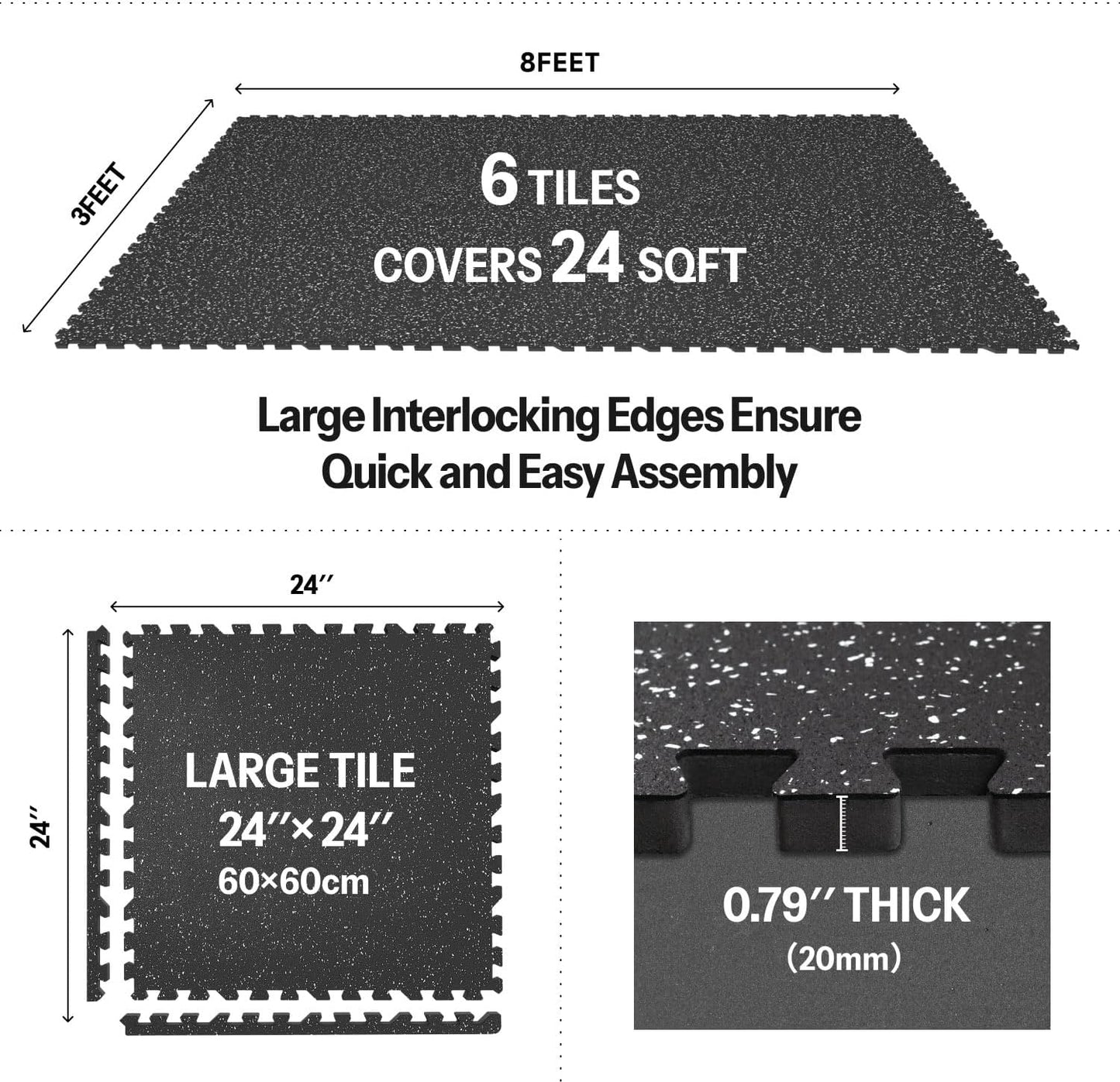 AIRHOP 0.79in Thick 24 Sq Ft Exercise Equipment Mats, 6 Tiles Upgraded Rubber Top with High Density EVA Foam, Large Interlocking Puzzle Gym Flooring for Home Gym, Heavy Weight Workout,Black & White