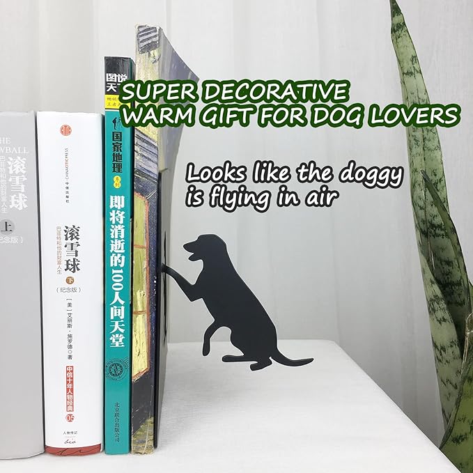 Dog Bookends,Cat Book Ends Metal Books Organizer, Gifts for Dog Puppy Kitten Lovers,Heavy Duty Decorative and Book Holder, 4.9×3.2×6.9 in (Black)