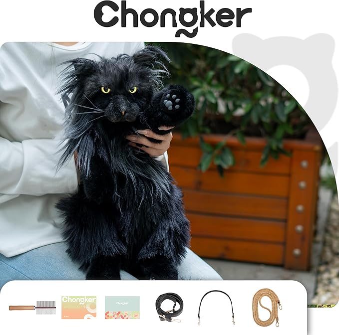 Chongker Cat Shaped Backpack - Handcrafted Stuffed Animals Bag, Black Cat Plush Bag with Adjustable Shoulder, Crossbody, and Backpack Straps, Maine Coon