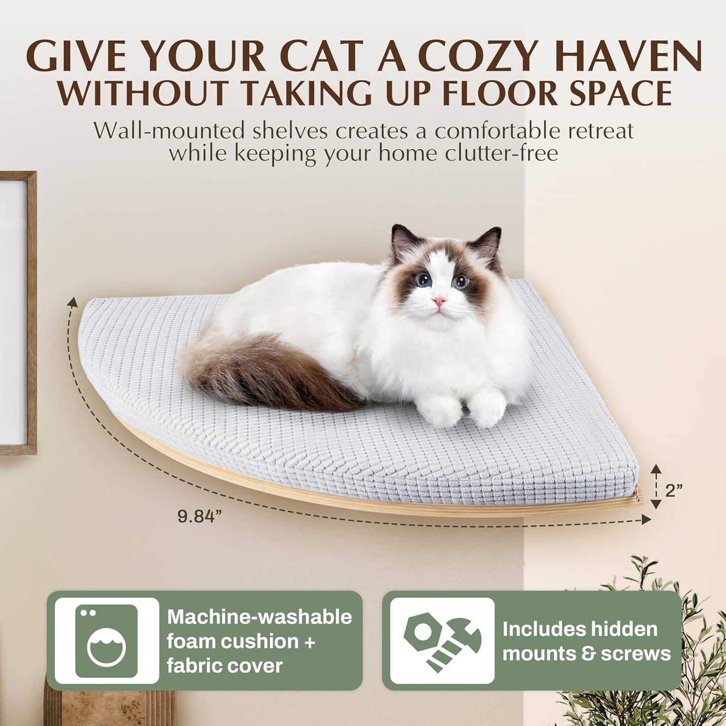 Large 9.84” CALLICO HAVEN- Corner Cat Wall Shelves, Modern Wall-Mounted Cat Furniture, Corner Wall Hammock for Cats, Space-Saving Wall Cat Tree Bed, Sturdy/Hidden Mounts, Washable Cover- Fan Shape