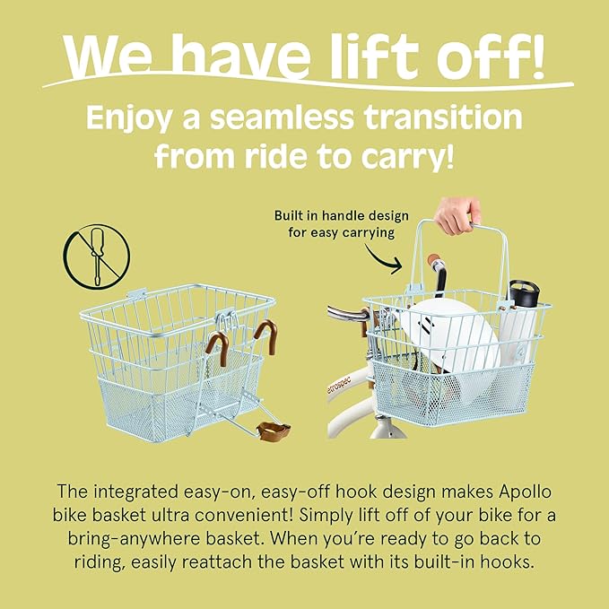 Retrospec Apollo Detachable Front Bike Basket Steel Half-Mesh with Integrated Detachable Hooks and Built-In Handle, Easy Assembly and Portability for Bicycles