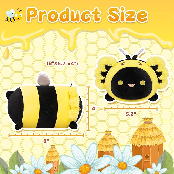 Cute Black Axolotl Bee Plush, Kawaii Plushies Honeybee Stuffed Toy, Axolotl Plushie with Bee Outfit Costume, Animal Hugging Cuddly Pillow, Soft Squishy Gifts for Girls Kids(8 Inch)