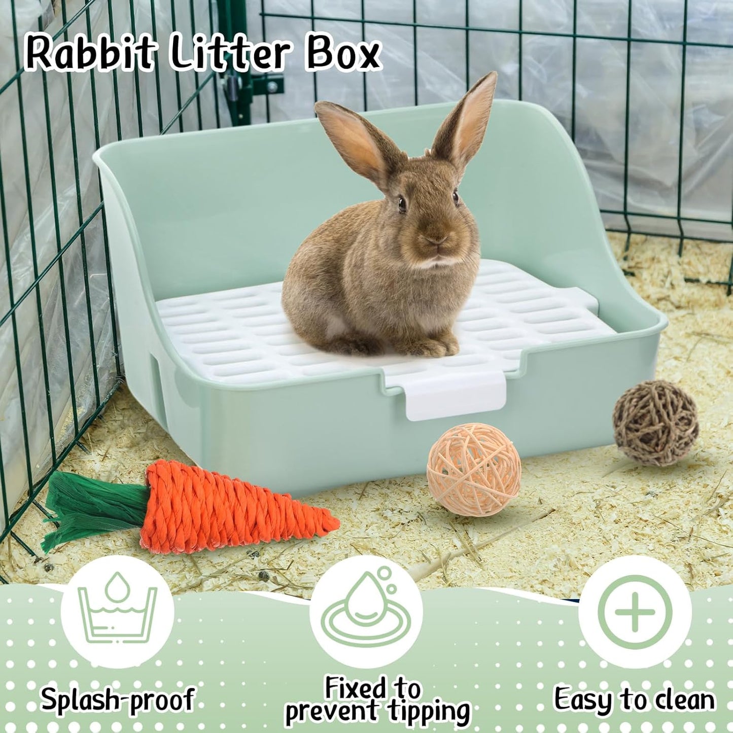 15 Pcs Rabbit Starter Kit Small Rabbit Litter Box Animal Grooming Kit Bunny Toys Bowl Blankets with Cleaning Set for Guinea Pig Accessories(Green)