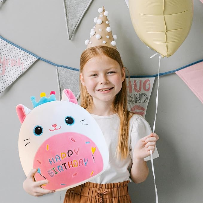 Cat Plush Cute Cat Stuffed Animals with Crown Soft Birthday Gift Cat Plushie Pillow Decor White 12 inch