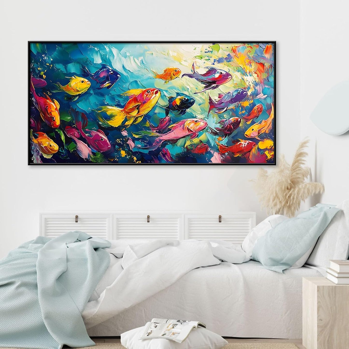 School of Fish Printed Canvas Wall Art – Framed Abstract Ocean Print – Vibrant Fish Wall Decor for Living Room, Bedroom, Office (Gold Framed, 55"x27"|140x70cm)