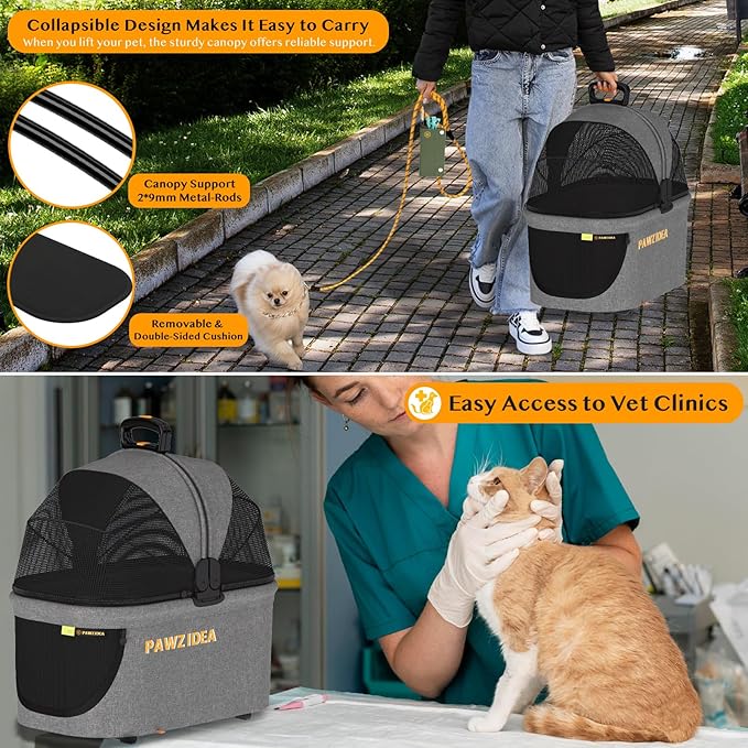 PAWZIDEA Pet Stroller 4 in 1, Dog Strollers for Small/Medium Dogs with Detachable Carrier Easy Lock Canopy, Seatbelt Puppy Car Seat, Cozy House, Foldable & Lightweight Jogger Cat Stroller, 4 Wheels