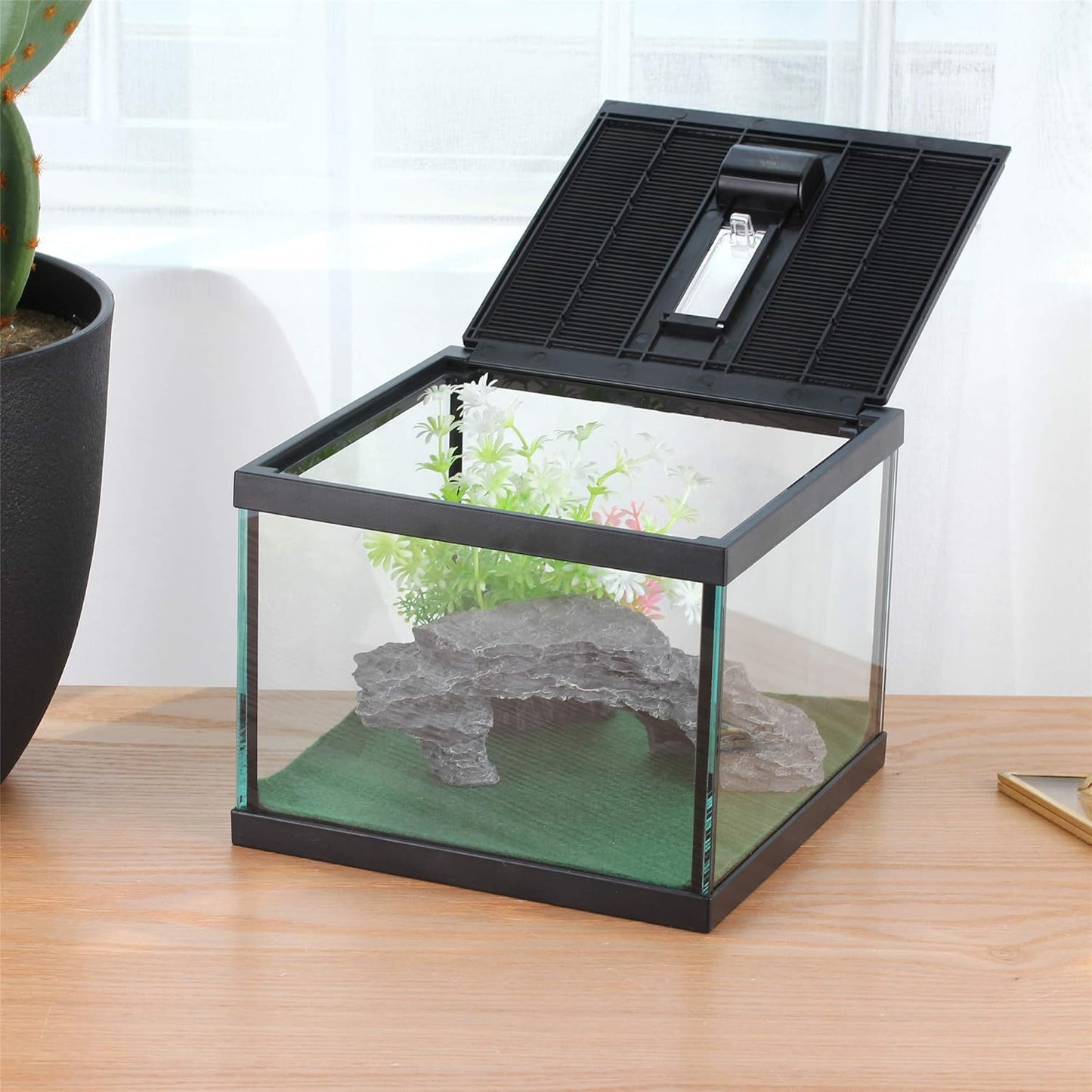 crapelles Glass Lizard Tank, Spider Box Kit, 7.8x7.8x5.9'' Tarantula Feeder Insects Beetle Habitat, Amphibians Terrarium for Small Pet, with Washable Mat, Resin Rock Shape Hideout, Artificial Flower