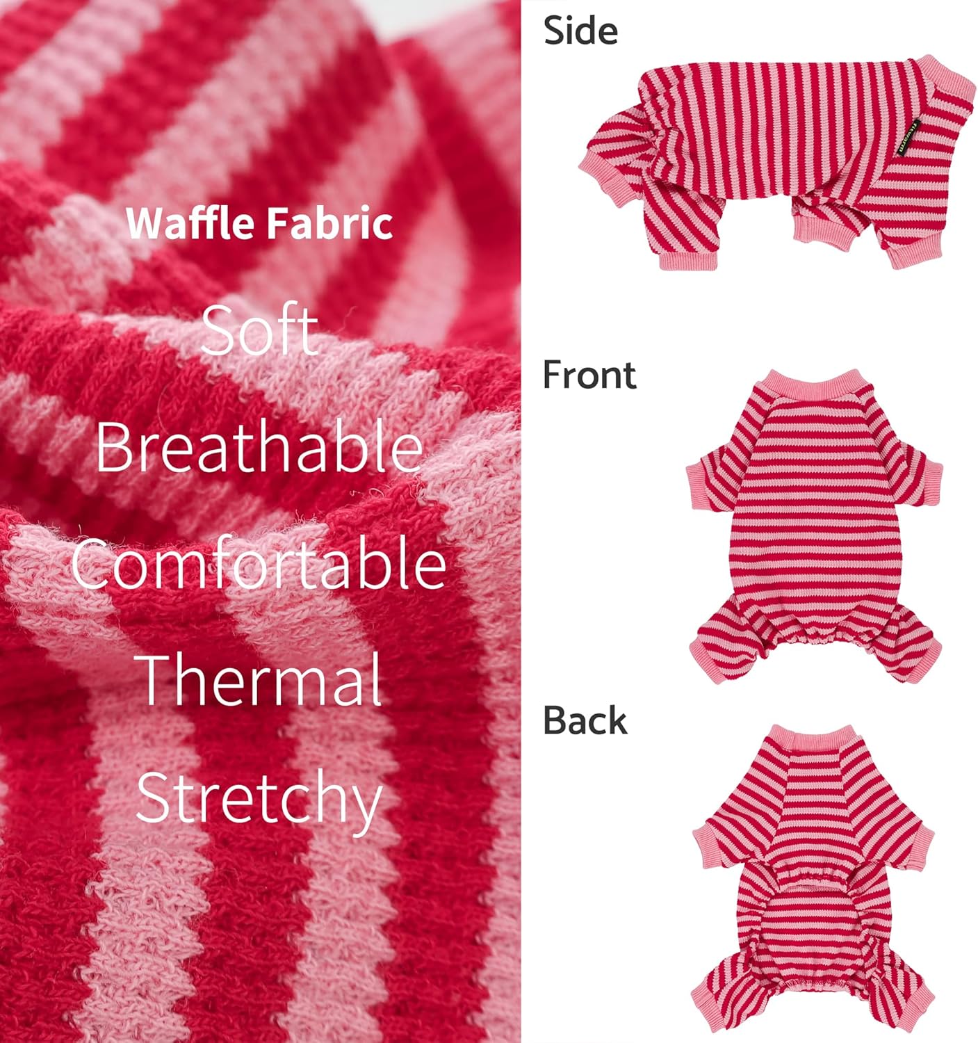 Fitwarm Pink and Red Striped Dog Pajamas, Waffle Dog Clothes for Small Dogs Girl Boy, Puppy Onesie with Feet, Pet Cat Outfit, Large