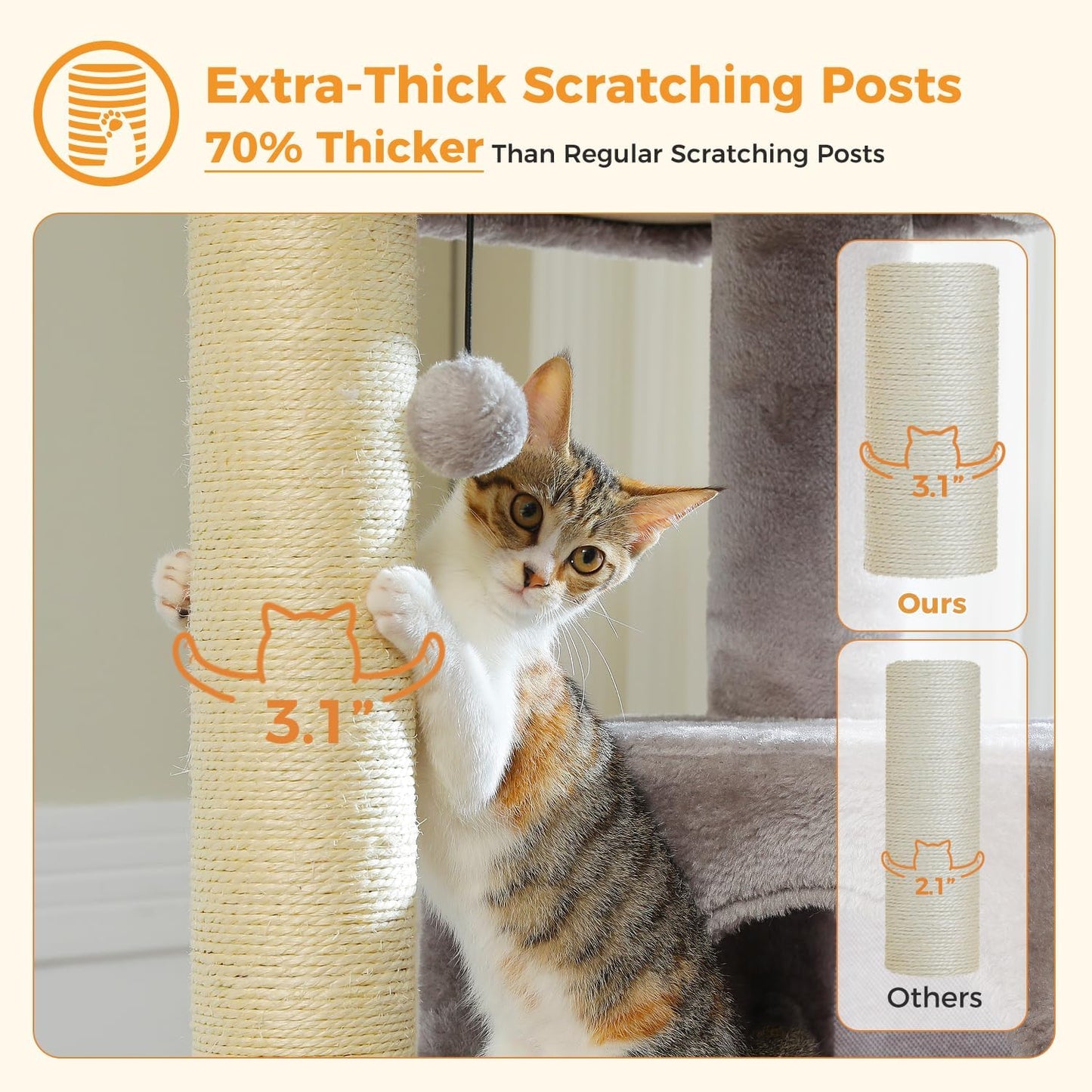 Large Cat Tree with Reinforced Scratching Posts (φ3.1in) for Big Adult Cats 30 lbs, 57.8" Heavy Duty Cat Tower with Larger Hammock and Condo, Cat Furniture for Maine Coon, Plush,Grey