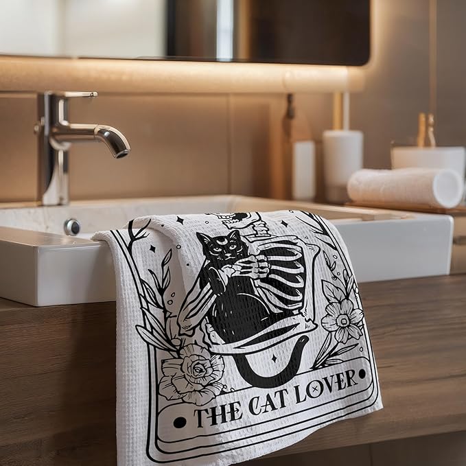 Tarot Kitchen Towels, Black Cat Skeleton Gothic Decor, Cat Lover Gifts, Tarot-Themed Bathroom Towels, 16x24 Inch
