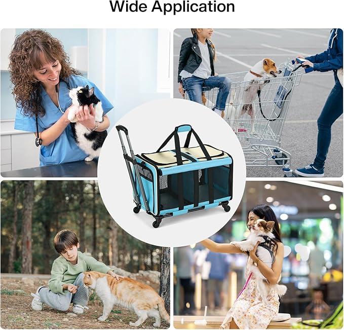 MILADA Large Cat Carrier for 2 Cats, Soft Big Pet Carrier with Wheels, Double Cat Carrier on Wheels, Rolling Pet Carrier for Travel Hiking Shopping and Camping（Not for Air Travel）, Blue