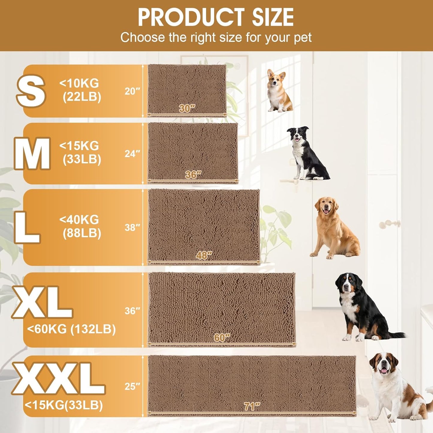 Extra Large Dog Door Mats for Muddy Paws, Chenille Absorbent Dog Mats, Non Slip Heavy Mud Mat for Dogs, Soft Pet Mat for Entryway, Mud Paws, Inside Floor,60" x 36", Camel