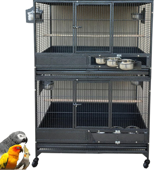 Extra Large Stackers Heavy Duty Wrought Iron Breeder Parrot Aviary Bird Breeding Rolling Cage with Side Nest Box Doors Metal Pull Out Grate and Tray