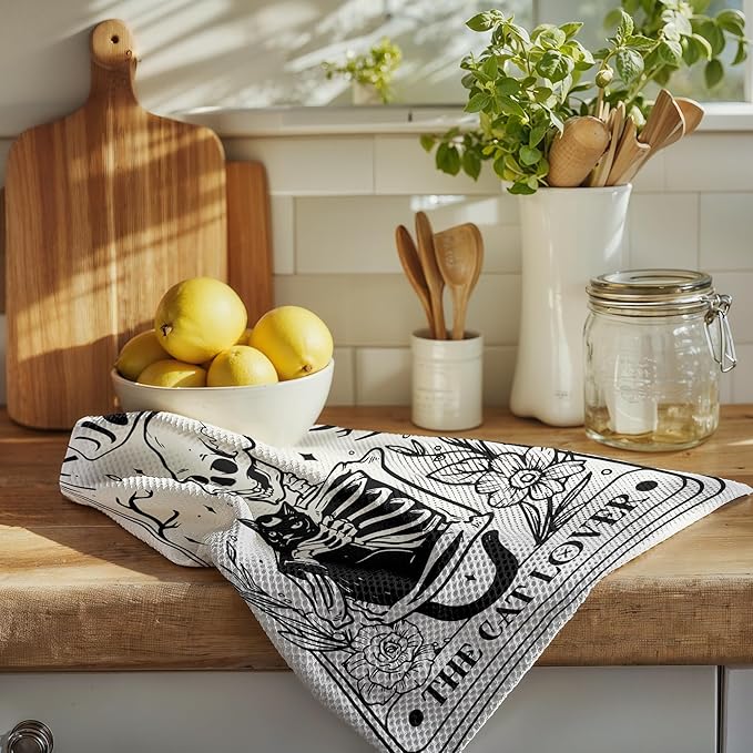 Tarot Kitchen Towels, Black Cat Skeleton Gothic Decor, Cat Lover Gifts, Tarot-Themed Bathroom Towels, 16x24 Inch