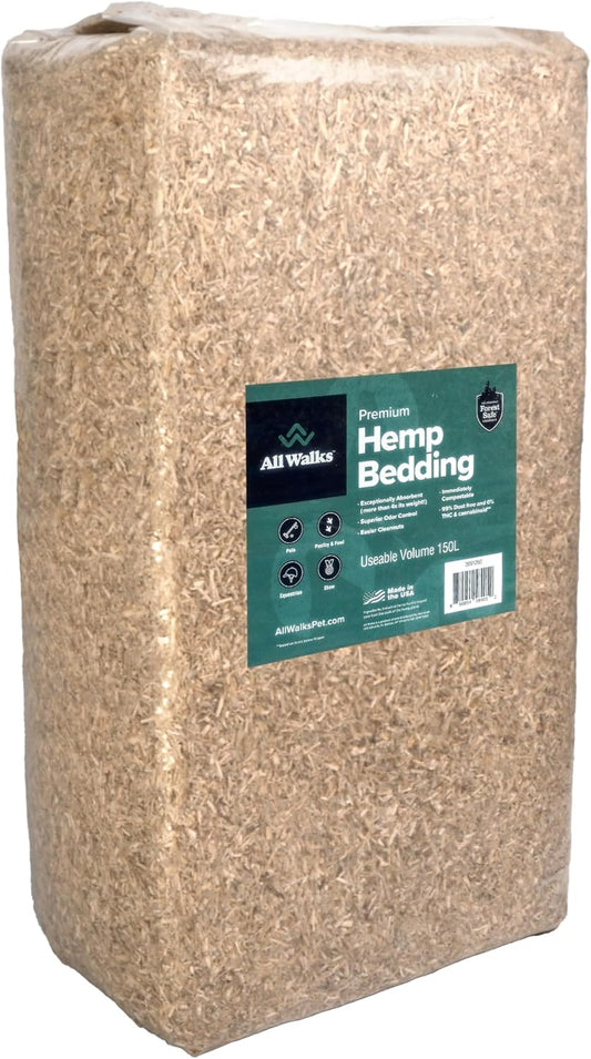 All Walks 150 Liter(30 lbs) Hemp Bedding for Chicken Coops, Hampters, Ducks, and Turkeys - 100% Natural, Superior Odor Control, Biodegradable Pet Bedding, Dust-Free - Made in USA