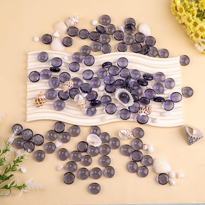 Purple Glass Marbles, 0.97 LB Transparent and Smooth Flat Glass Beads for Vases, Mosaic Gem Pebbles for Aquarium Decor, Floral Arrangements, Mancala Stones, Vase Filler and Crafts (Approx. 80-100 PCS)