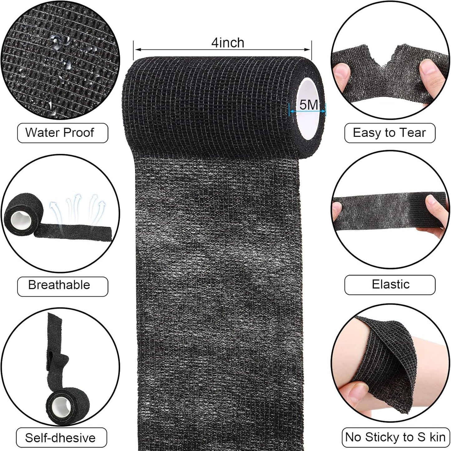 Treela 36 Pcs Self Adherent Bandage 4" X 5 Yard Wrap Breathable Cohesive Bandage Elastic Adhesive Tape for Stretch Athletic Sports Wrist Ankle(Black)