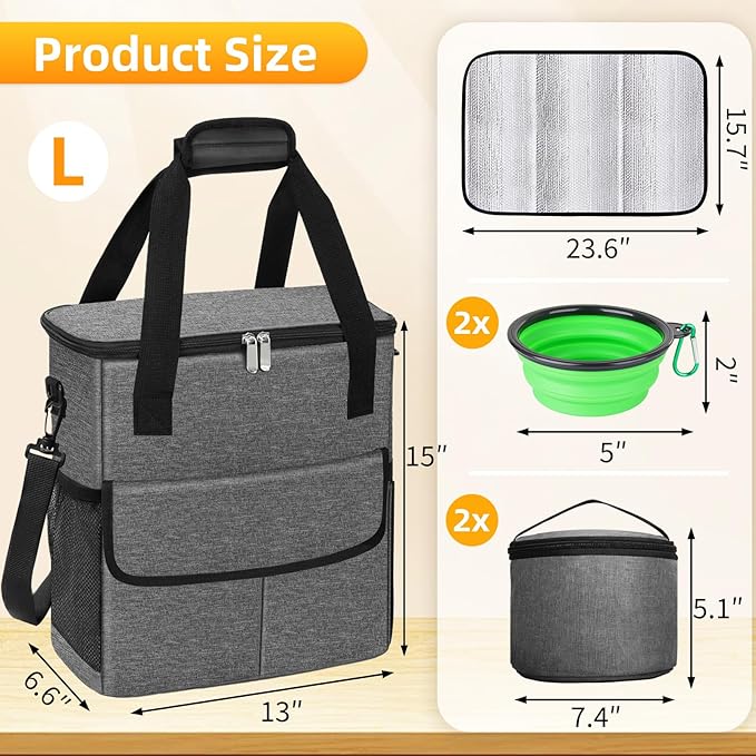 Dog Travel Bag for Camping - Weekend Pet Accessories With 2 Collapsible Bowls, 2 Food Containers, 1 Waterproof Feeding Mat - M, Grey