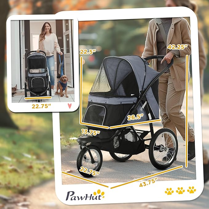 PawHut 3 Wheels Pet Stroller for Small and Medium Dogs, Foldable Cat Stroller Jogger with Adjustable Canopy, Safety Tether, Cushion, Storage Basket, Gray