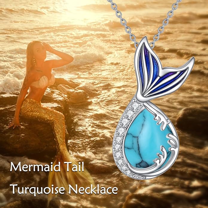 Teardrop Moss Agate/Turquoise/Moonstone/Larimar Mermaid/Fox/Cat Necklace Sterling Silver Pendant Necklace Jewelry Gifts for Women