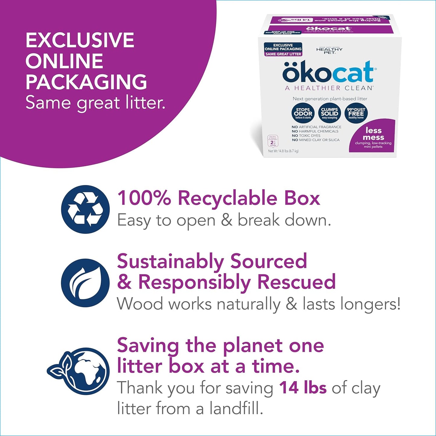 ökocat Less Mess Low Tracking Wood Clumping Cat Litter Mini- Pellets, Unscented, 14.8 pounds - Natural Ingredients, Stops Odor, Clumps Solid, 99% Dust Free, Great for Long-Hair Breeds, All Cats