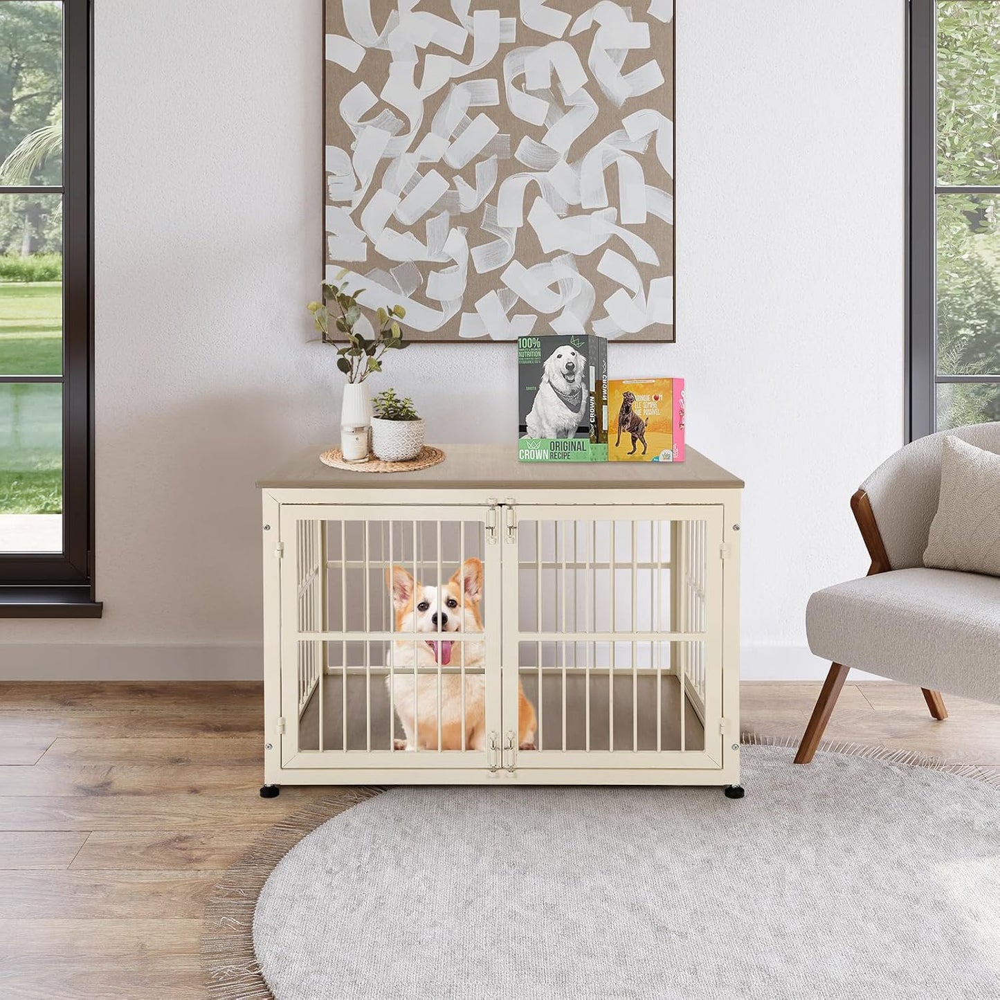 32 Inch Heavy Duty Dog Crate Furniture for Medium and Small Dogs, Decorative Pet House End Table, Wooden Cage Kennel Furniture Indoor with Double Doors, Sturdy Dog Cage for Anxiety Dog