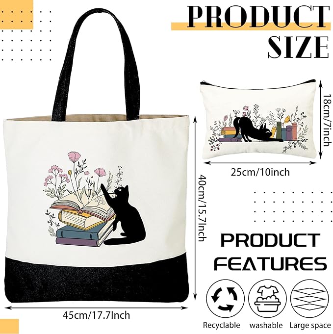 Cunno 2 Pcs Book Tote Bags Purse Set Book Lovers Gifts Canvas Tote Bags Librarian Bookish Birthday Gifts