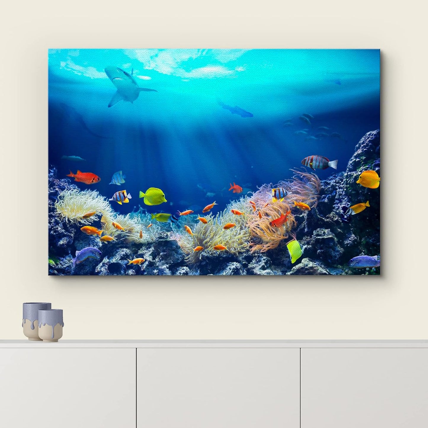 wall26 Canvas Print Wall Art Shining Sunlight Coral Reef Shark & Fish Nature Animals Photography Realism Rustic Scenic Landscape Wilderness Earth Colorful for Living Room, Bedroom, Office - 12"x18"