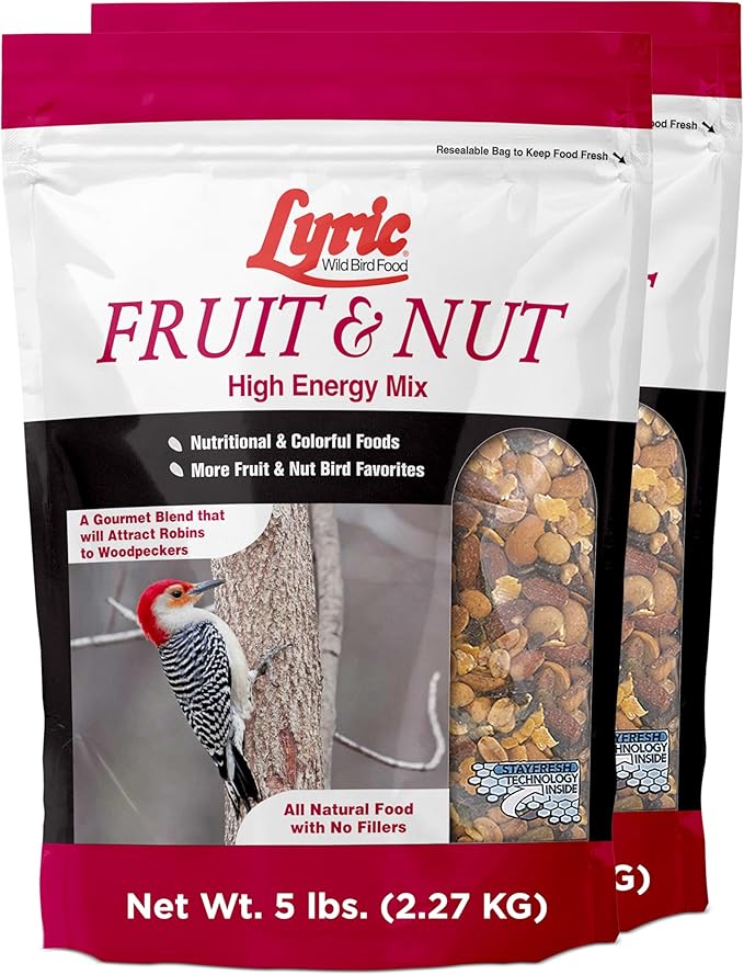 Lyric Fruit and Nut Wild Bird Seed - High Energy Wild Bird Food Mix - Attracts Woodpeckers, Chickadees & Other Songbirds - 10 lb. (pack of 2 - 5 lb bags)