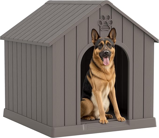 Large Dog House Outdoor Indoor for Medium Large Dogs, Durable Plastic Waterproof Doghouse with Air Vents and Elevated Floor, Easy Clean and Assemble (Grey, 36.2''L×38''W×38''H)
