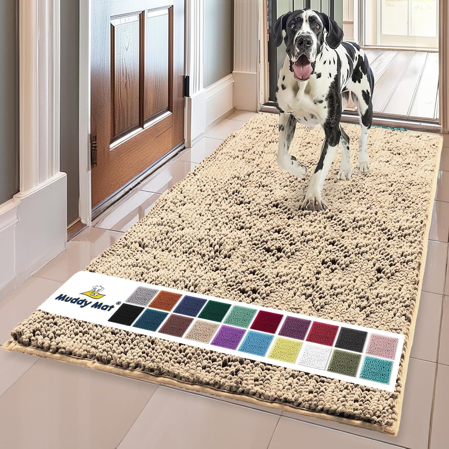 Muddy Mat® AS-SEEN-ON-TV Highly Absorbent Microfiber Door Mat and Pet Rug, Non Slip Thick Washable Area and Bath Mat Soft Chenille for Kitchen Bathroom Bedroom Indoor and Outdoor - Beige 35" x 60"