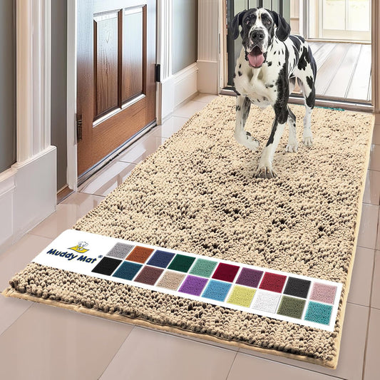 Muddy Mat® AS-SEEN-ON-TV Highly Absorbent Microfiber Door Mat and Pet Rug, Non Slip Thick Washable Area and Bath Mat Soft Chenille for Kitchen Bathroom Bedroom Indoor and Outdoor - Beige 35" x 60"
