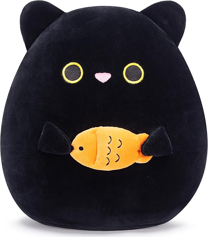 Original 12-inch Large Black Cat Plush Pillow Stuffed Animal Toy,Big Size Cute Soft Fat Hugging Cuddle Huggable Plushie,Gift for Kids