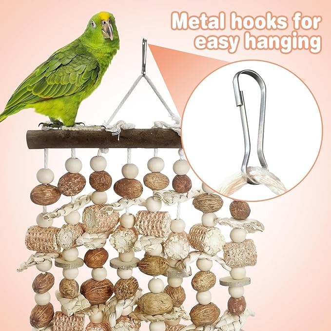 PINVNBY Large Parrot Toys Natural Nuts Corn Cob Wooden Chewing Tearing Toy for African Grey Macaws Amazon Cockatoos Eclectus Conures Cockatiels Cockatoo and Large Medium Birds (Natural)