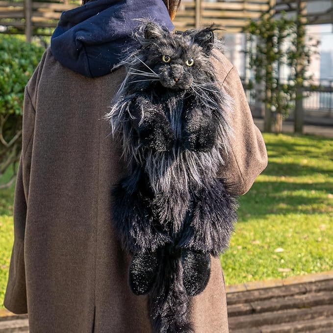 Chongker Cat Shaped Backpack - Handcrafted Stuffed Animals Bag, Black Cat Plush Bag with Adjustable Shoulder, Crossbody, and Backpack Straps, Maine Coon