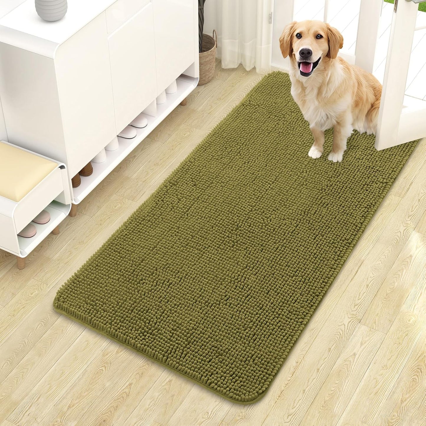 OLANLY Dog Door Mat for Muddy Paws 44x24, Absorbs Moisture and Dirt, Absorbent Non-Slip Washable Doormat, Quick Dry Chenille Mud Mat, Entry Indoor Entryway Carpet for Inside Floor, Willow Green