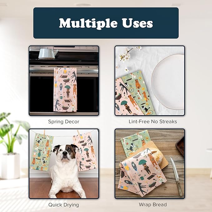 Dog Kitchen Towels for Plant Lovers - Gardening Gifts for Women & Dog Lovers - Dish Towels Dog Mom Gifts for Gardeners 2-Pack (Spring Pups)