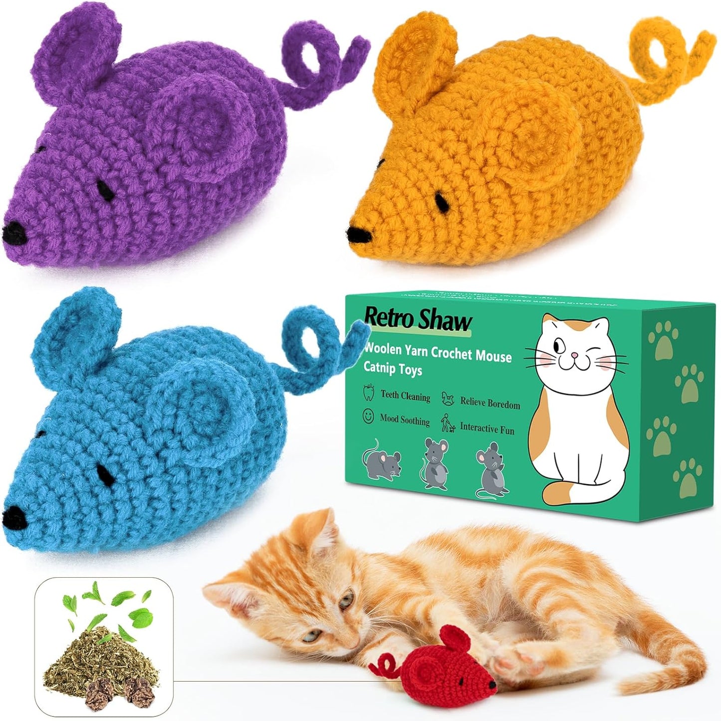 Retro Shaw Catnip Toys Crochet Mice Cat Toys,3 Pcs Yarn Cat Nip Mouse Animals Toy,Safe Teeth Cleaning Toy for Indoor Kittens