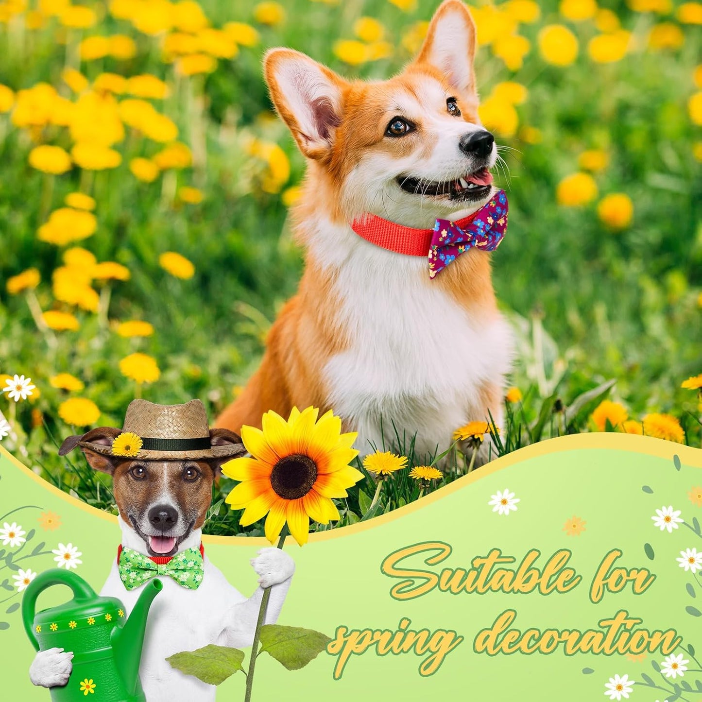 Hillban 50 Pieces Floral Collar Dog Bow Ties Flower Dog Collar Accessories Bow Ties Attachment with Elastic Bands Detachable Charms for Pets Accessories Summer Costume