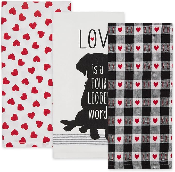 DII Valentine's Day Collection Kitchen, Dishtowel Set, 18x28, Dog Love, 3 Piece