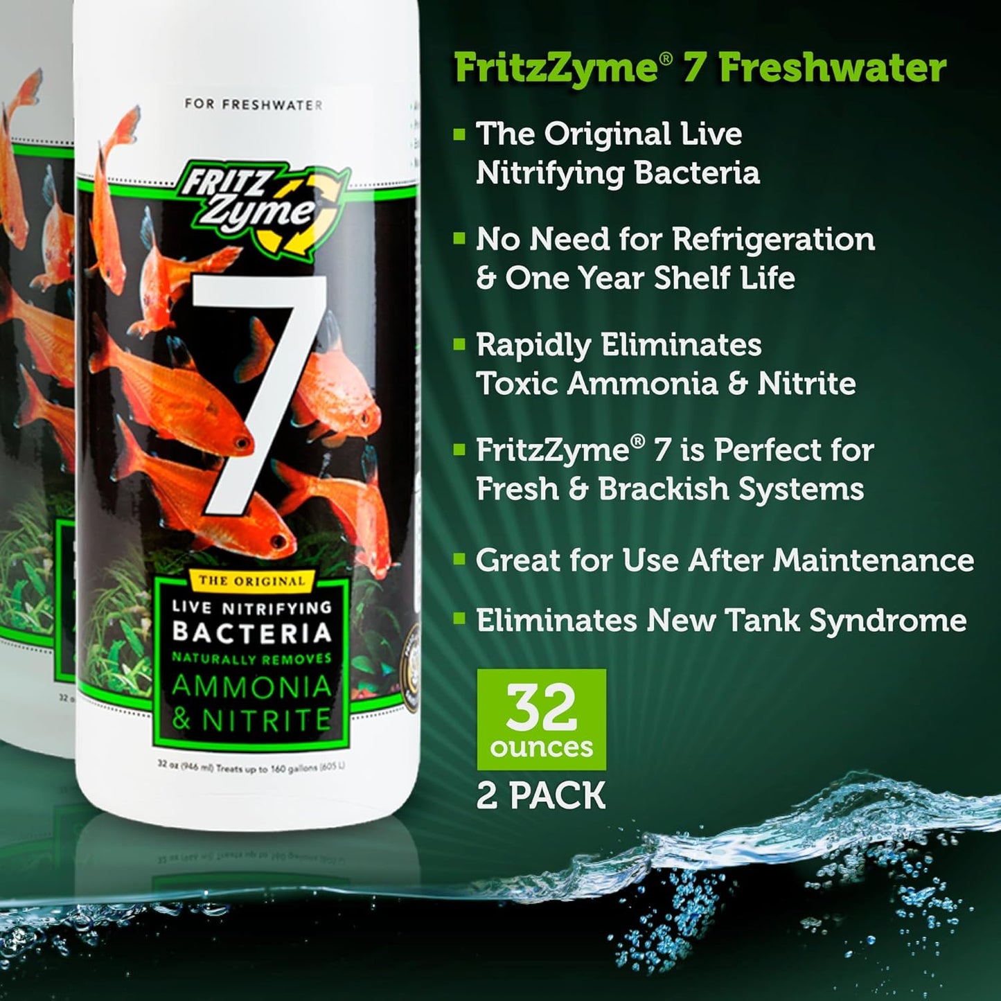 Fritz Aquatics FritzZyme 7 Live Nitrifying Bacteria Naturally Removes Amonia & Nitrite for Freshwater Fish (32-Ounce | 2-Pack)